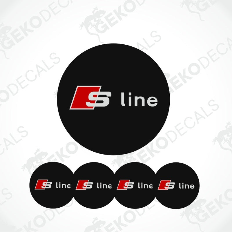 A set of four black vinyl stickers with the Audi S LINE logo in red and white.