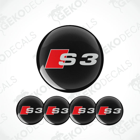 A set of four black vinyl stickers with a red 'AUDI S3' logo for car decals.