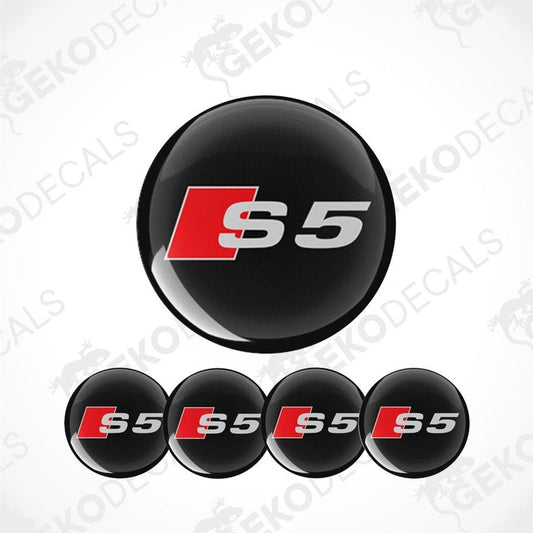 A set of four black vinyl stickers with a red 'AUDI S5' logo for car decals.