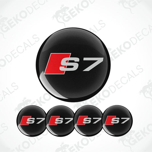 A set of four black vinyl stickers with a red 'AUDI S7' logo for car decals.