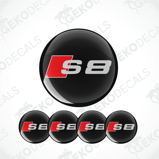 A set of four black vinyl stickers with a red 'AUDI S8' logo for car decals.