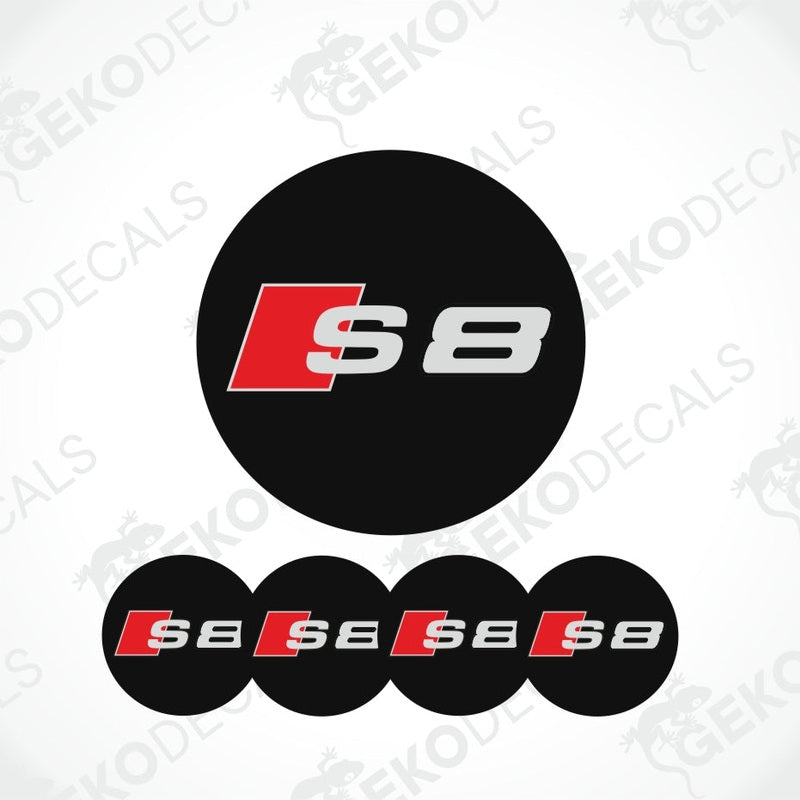 A set of four black vinyl stickers with a red 'AUDI S8' logo for car decals.