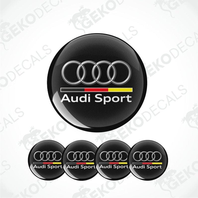 A set of four black vinyl stickers with the Audi Sport logo and a Gecko Decals watermark.