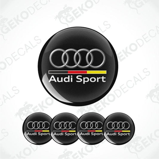 A set of four black vinyl stickers with the Audi Sport logo and a Gecko Decals watermark.