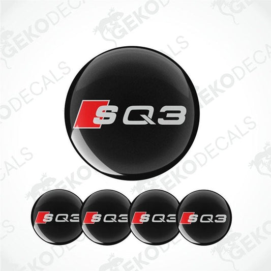 Set of four black, red, and white car wheel decals with 'AUDI SQ3' branding.