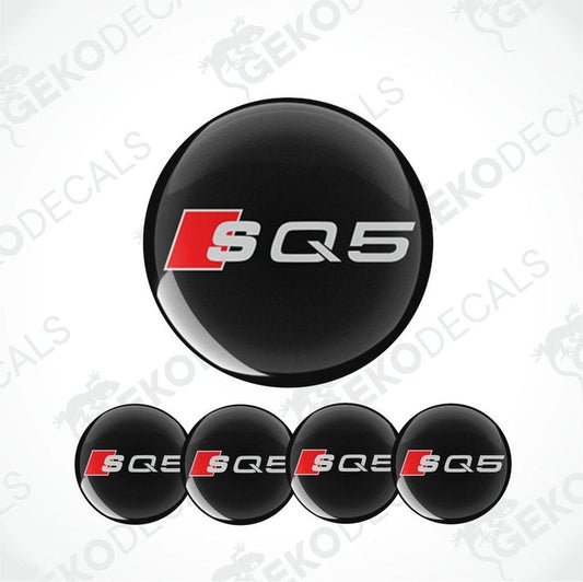 Set of four black, red, and white car wheel decals with 'AUDI SQ5' branding.