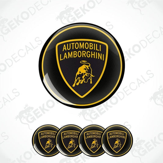 A set of four black, yellow, and white vinyl stickers with the Automobili Lamborghini logo.