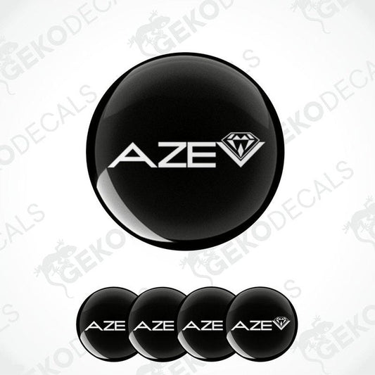 A set of four black vinyl stickers with the logo 'AZEV' printed on them, displayed against a white background.
