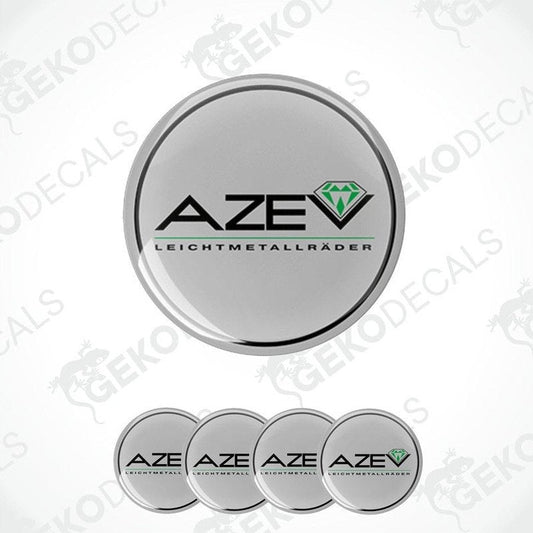 A set of four circular vinyl stickers with a geometric design and the text 'AZEV - Leichtmetall Mädler'.