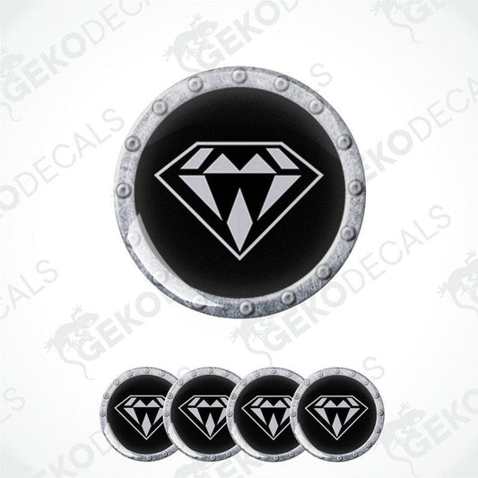A set of four black vinyl stickers with a diamond pattern and a visible brand logo on each sticker.