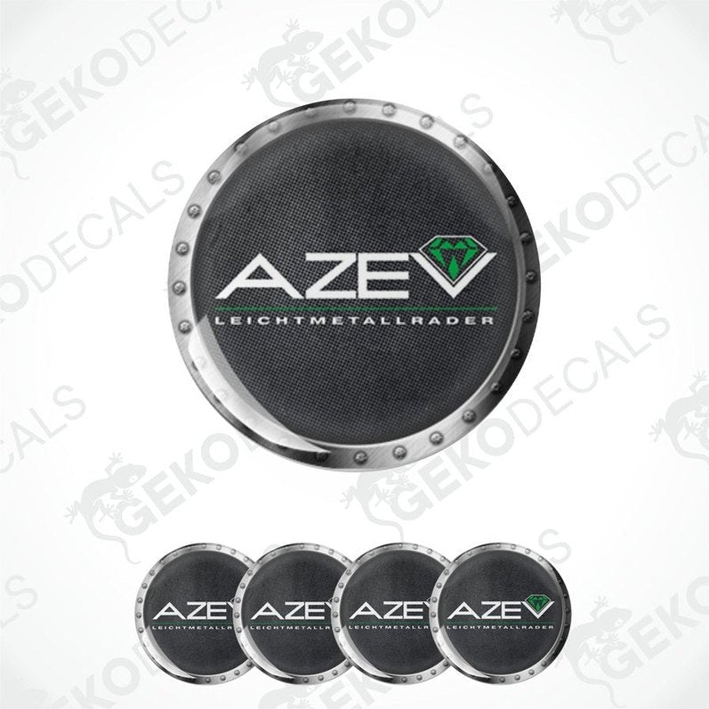 A set of four black vinyl decals with the AZEV brand logo and text, designed for vehicle wheel caps, showcased on a white background.