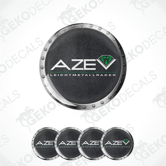 A set of four black vinyl decals with the AZEV brand logo and text, designed for vehicle wheel caps, showcased on a white background.