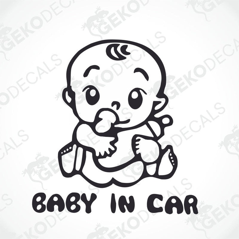 Black die cut BABY IN CAR decal with cartoon baby graphic for car interior or exterior