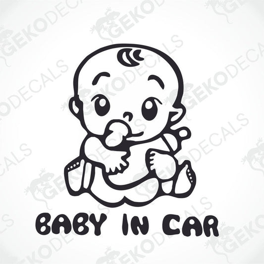 Black die cut BABY IN CAR decal with cartoon baby graphic for car interior or exterior