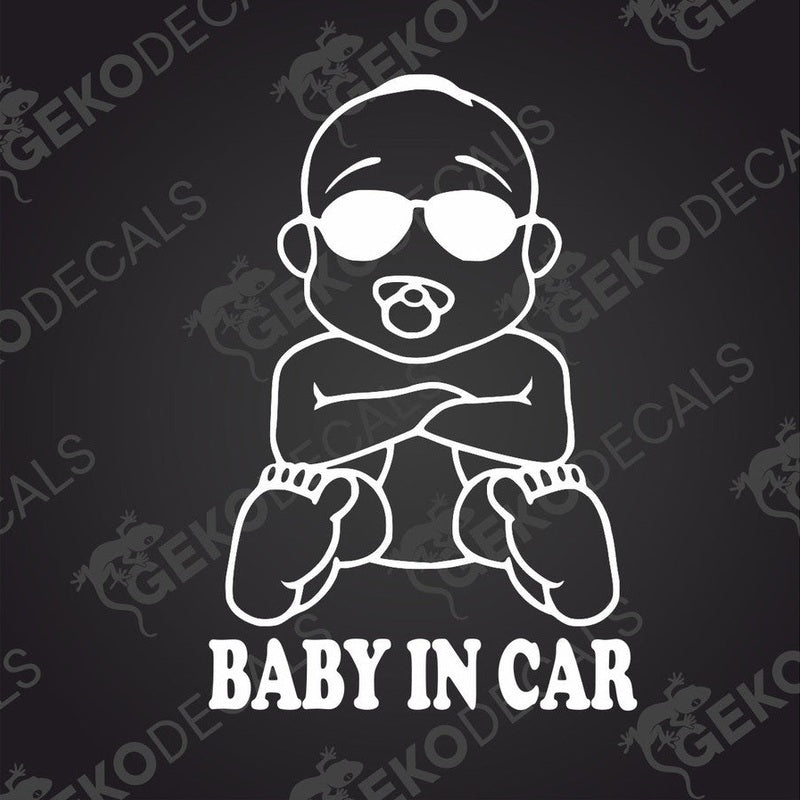 White die cut BABY IN CAR decal with stylized baby wearing sunglasses and crossed arms