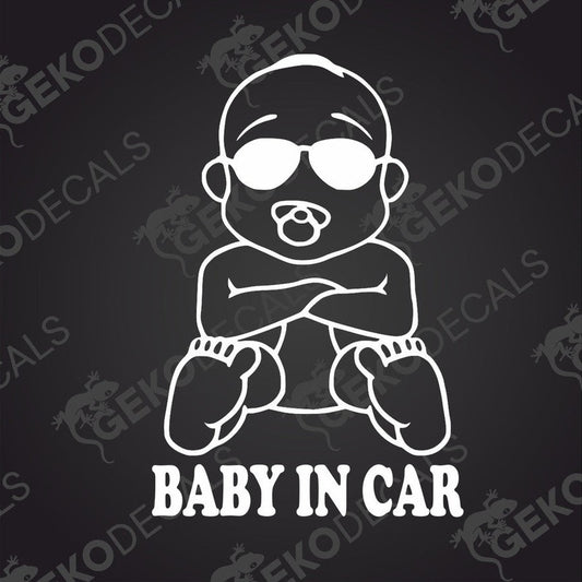 White die cut BABY IN CAR decal with stylized baby wearing sunglasses and crossed arms