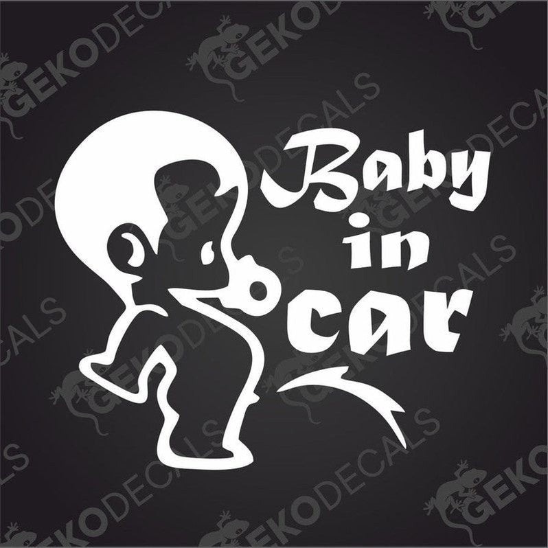 White Baby in Car die cut decal with cursive and sans-serif text on dark background