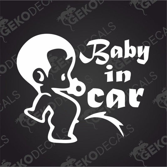 White Baby in Car die cut decal with cursive and sans-serif text on dark background