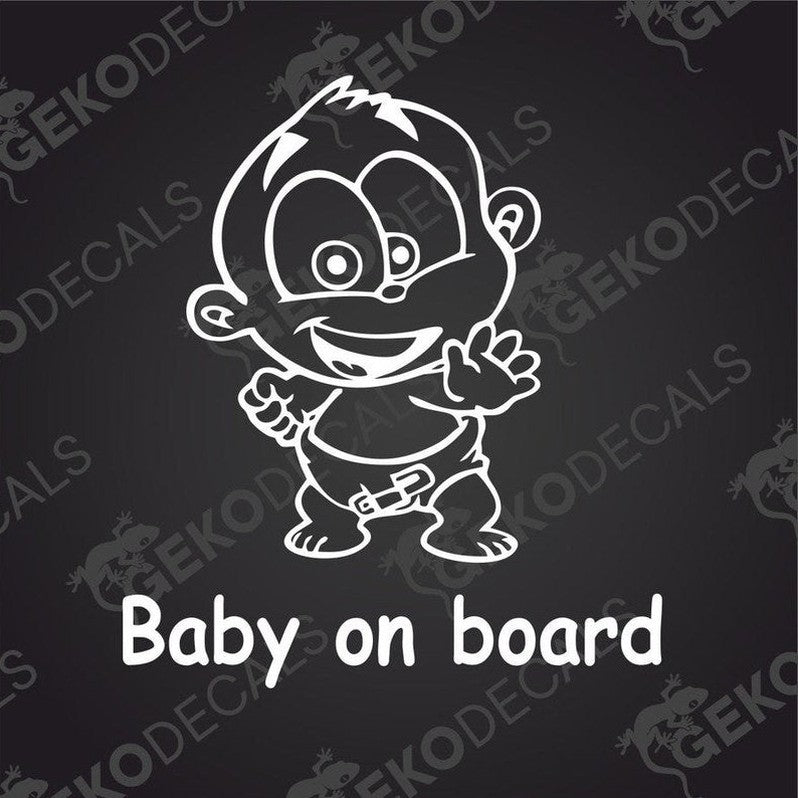 White die cut Baby on Board car decal with cartoon waving monkey and diaper detail