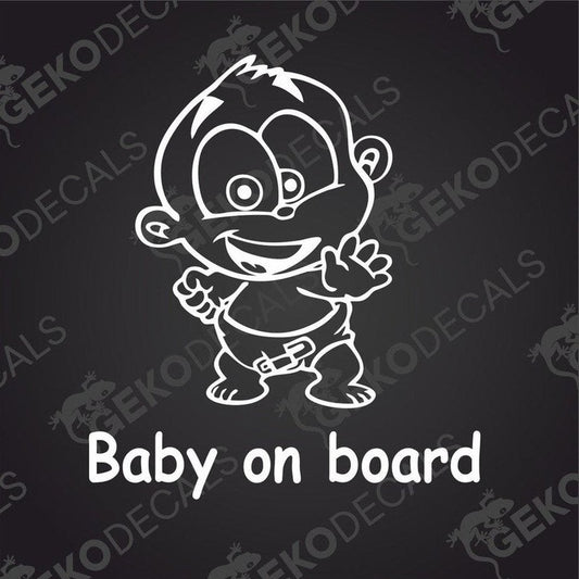 White die cut Baby on Board car decal with cartoon waving monkey and diaper detail