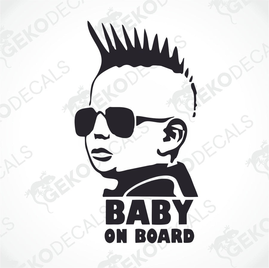 Black Baby on Board die cut decal with mohawk and sunglasses graphic