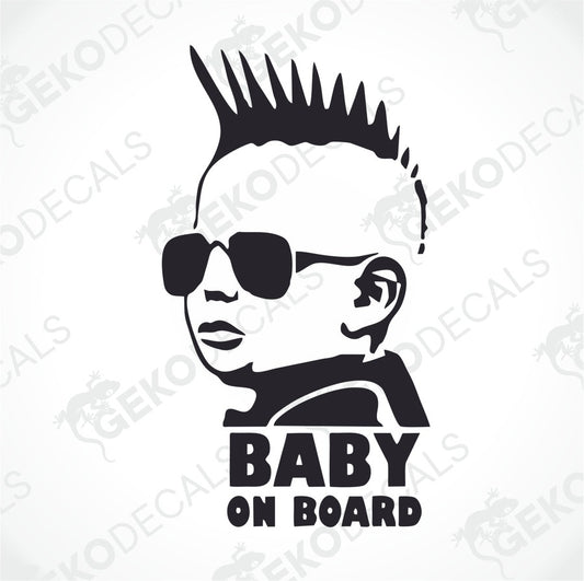 Black Baby on Board die cut decal with mohawk and sunglasses graphic