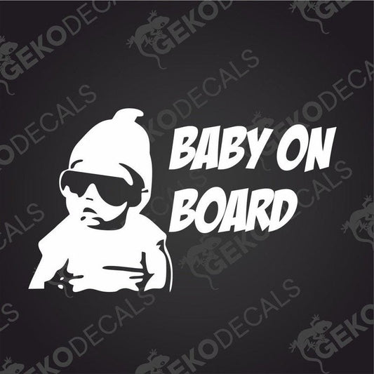 White Baby on Board die cut decal with baby silhouette and bold text on transfer paper