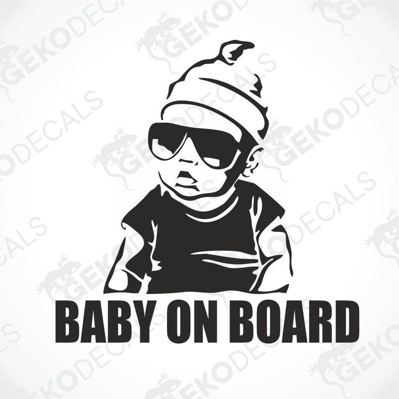 Black Baby On Board die cut decal with baby silhouette wearing beanie and sunglasses