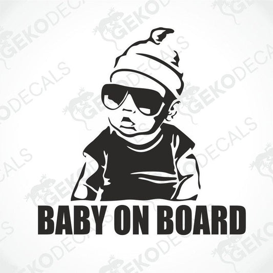 Black Baby On Board die cut decal with baby silhouette wearing beanie and sunglasses