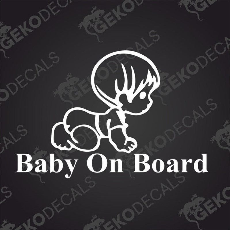 White Baby On Board die cut car decal with crawling baby graphic on transfer paper