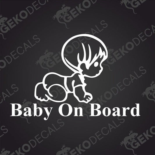 White Baby On Board die cut car decal with crawling baby graphic on transfer paper
