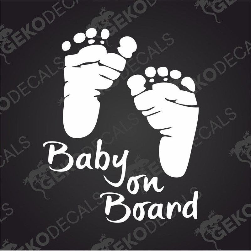 White Baby on Board die cut decal with two baby footprints on transfer paper