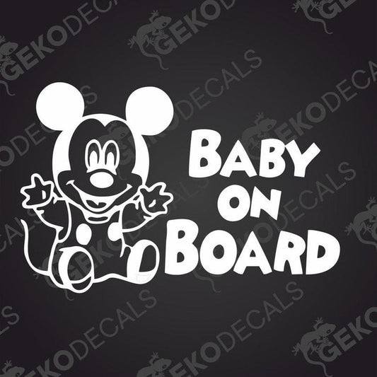 White Mickey Mouse Baby on Board die cut car decal with bold text