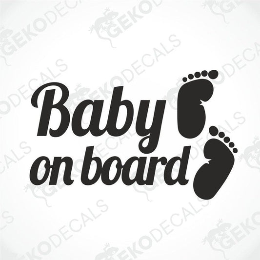 A black die cut decal with the phrase 'Baby on board' written in a white font, accompanied by a pair of footprints.