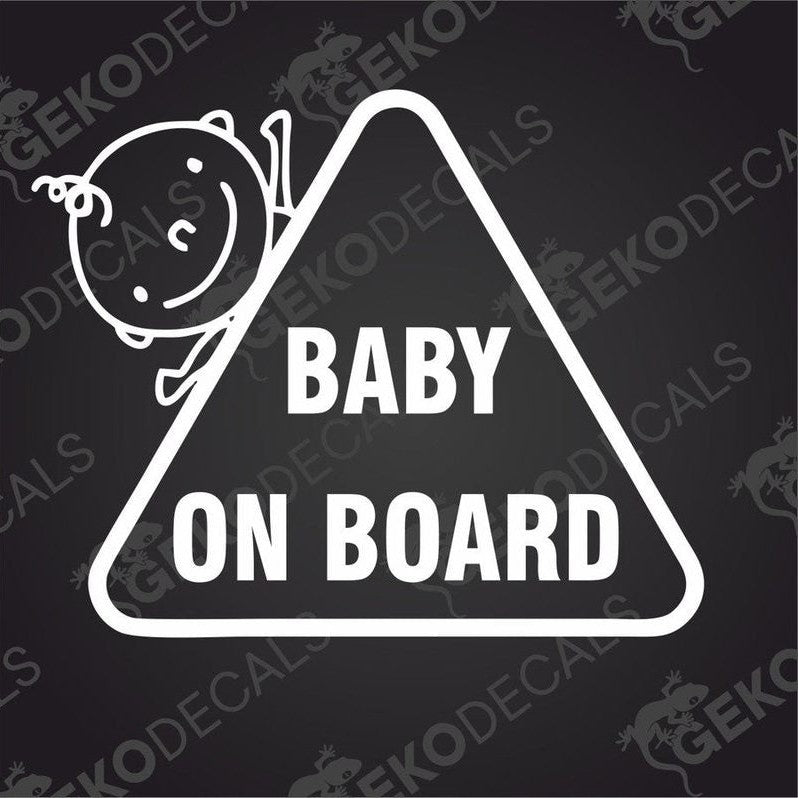 White Baby On Board die cut car decal with cartoon baby climbing triangle