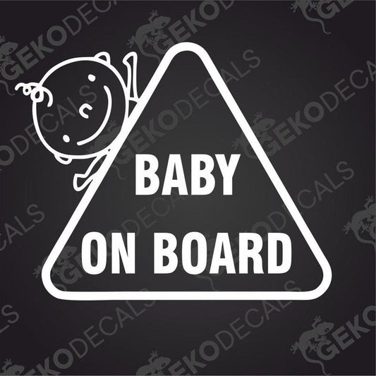 White Baby On Board die cut car decal with cartoon baby climbing triangle