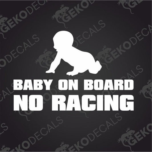 White Baby on Board No Racing die cut car decal with crawling baby silhouette