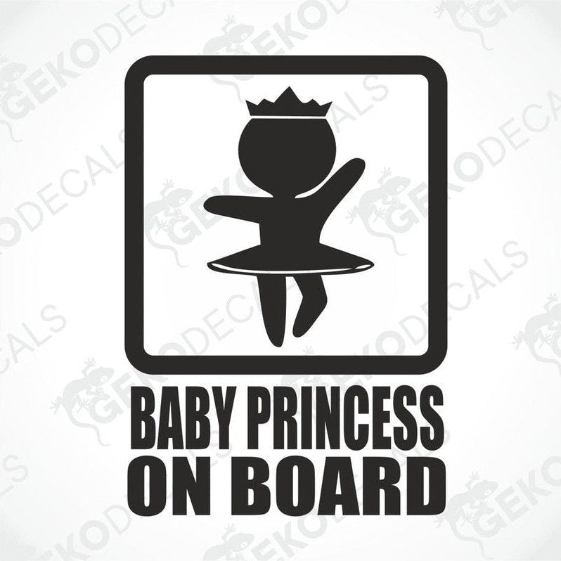 Black and white die cut decal with baby princess silhouette and BABY PRINCESS ON BOARD text