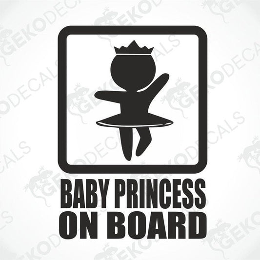 Black and white die cut decal with baby princess silhouette and BABY PRINCESS ON BOARD text