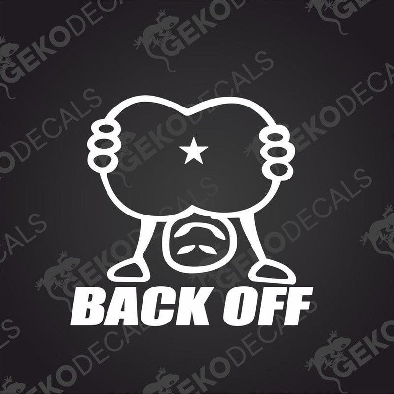 White die cut decal with cartoon figure and BACK OFF text for car or interior use
