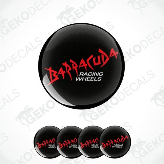 A set of four black vinyl stickers with the red text 'BARRACUDA RACING WHEELS' on them.