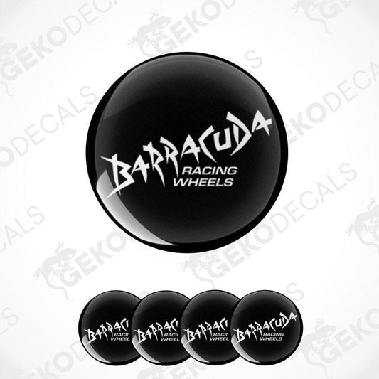 A set of four black vinyl stickers with the white text 'BARRACUDA RACING WHEELS' on them.