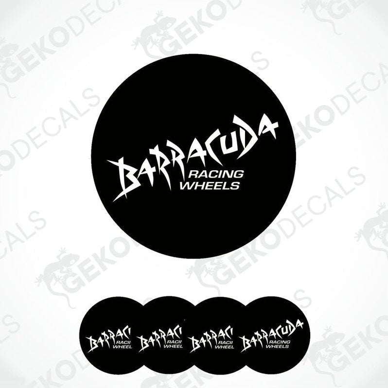 A set of four black vinyl stickers with the white text 'BARRACUDA RACING WHEELS' on them.