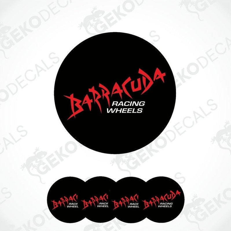 A set of four black vinyl stickers with the red text 'BARRACUDA RACING WHEELS' on them.