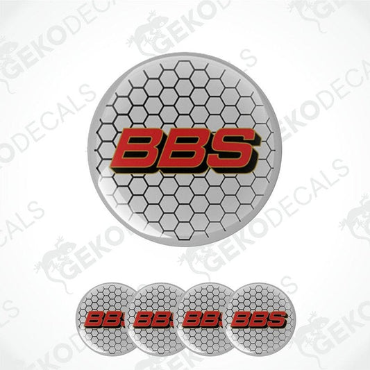 A set of four round car decals with a honeycomb pattern and the letters 'BBS' in the center.