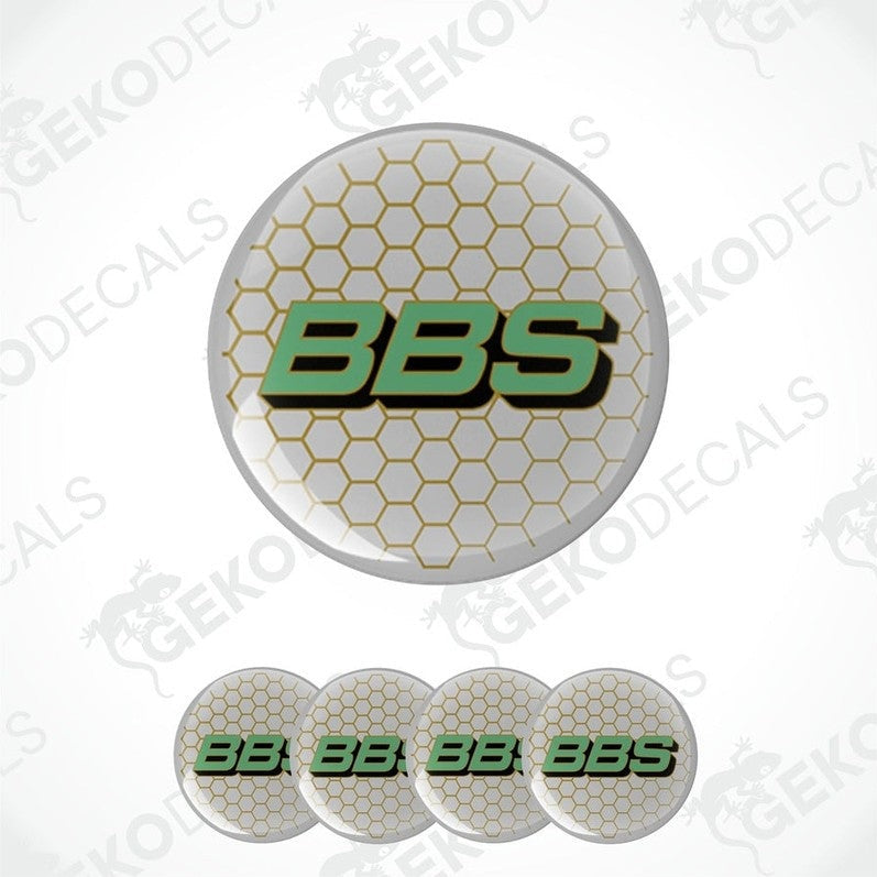A set of four round vinyl stickers with a geometric pattern and the letters 'BBS' in the center.