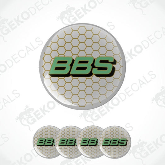 A set of four round vinyl stickers with a geometric pattern and the letters 'BBS' in the center.