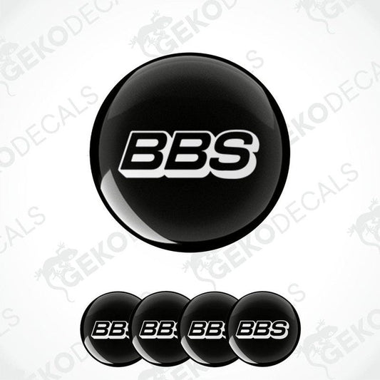 A set of four black vinyl decals with the 'BBS' logo in white.