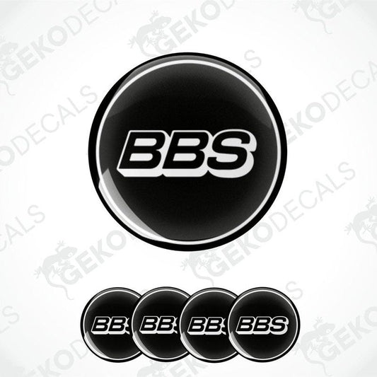 A set of four black vinyl decals with the 'BBS' logo in white.