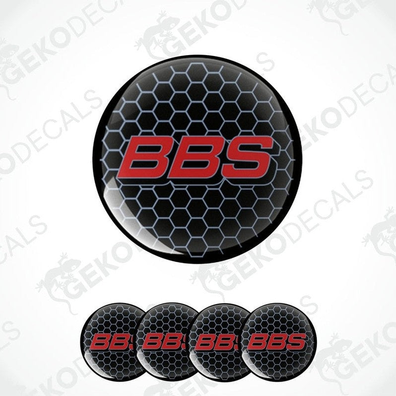 A set of four black, red, and white vinyl decals with a honeycomb pattern and the 'BBS' logo.